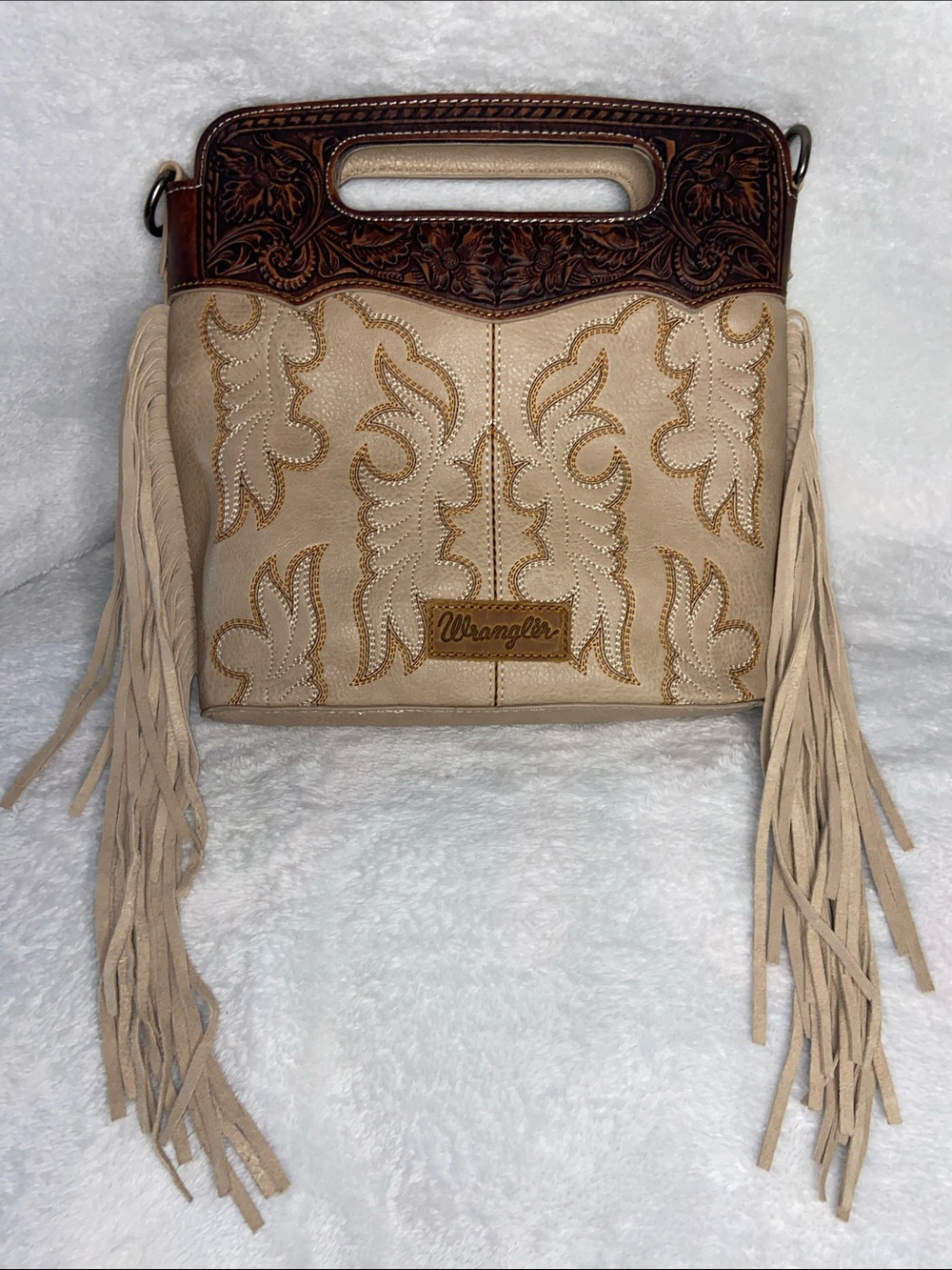 Wrangler Tooled Fringe Top Handle Crossbody Bag Beige